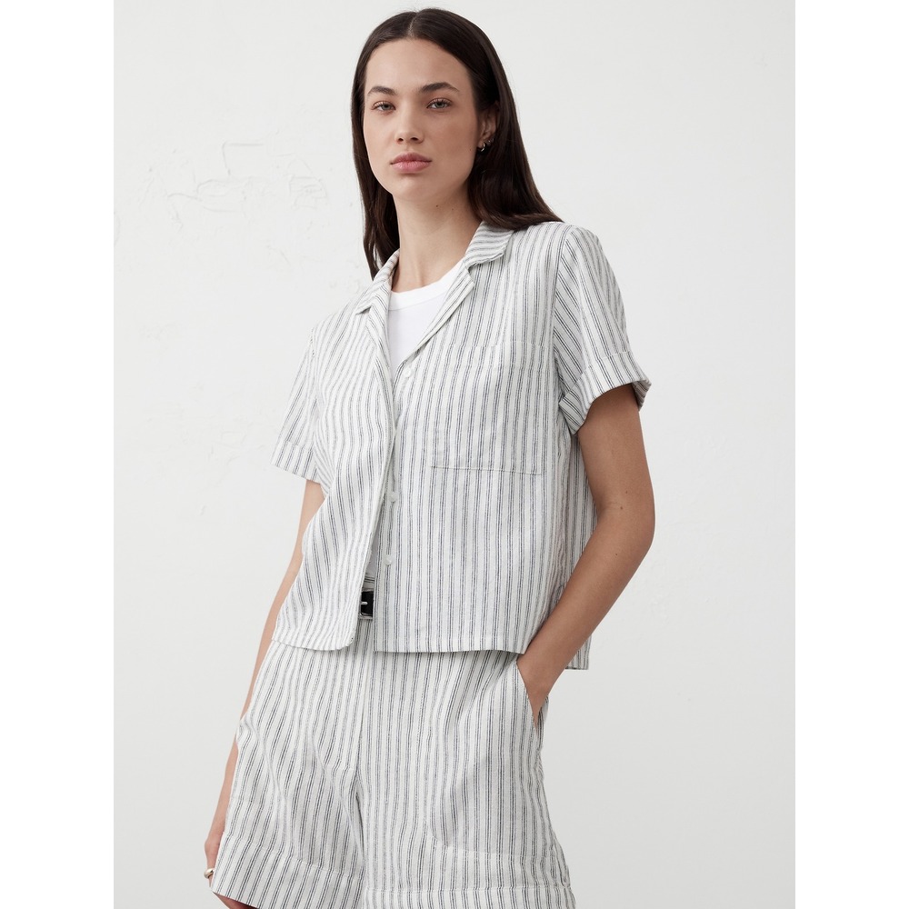 Banana Republic Womens Striped Linen Blend‎ Short Sleeve Boxy Shirt Navy White S